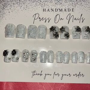 Handmade White Glitter silver accents Press On Nails